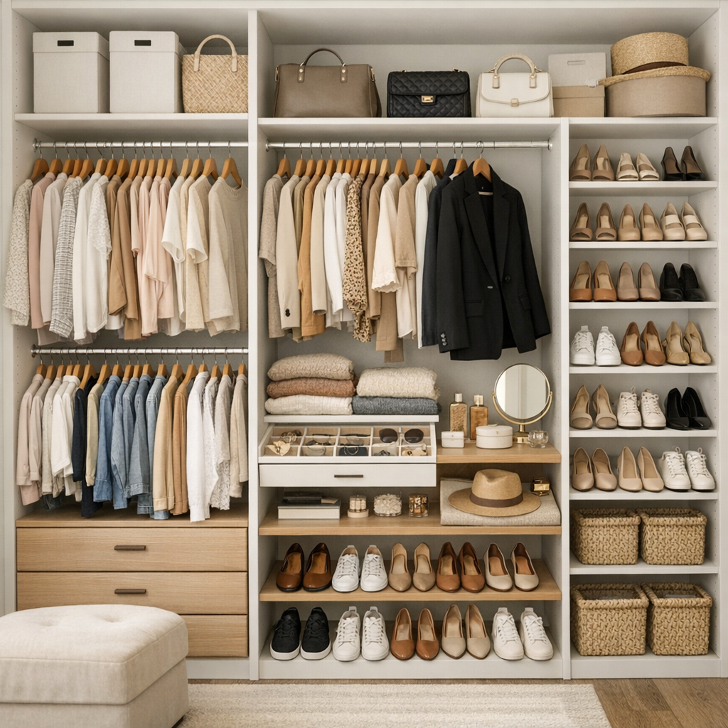 Garde-robe organisée avec vêtements et accessoires